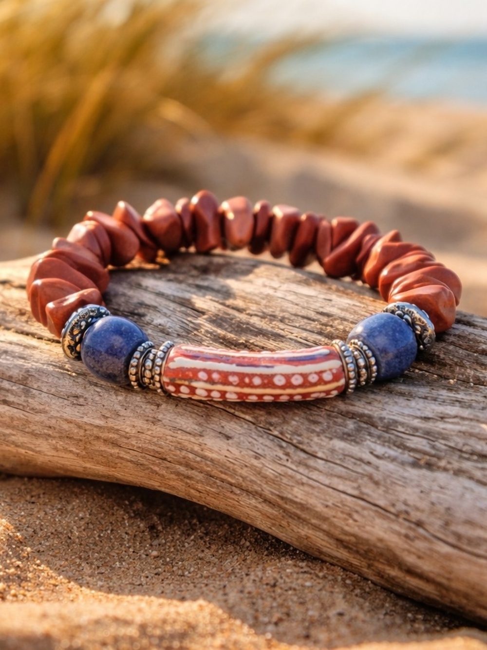Boho Red Jasper and Tribal Krobo Beaded Stretch Bracelet